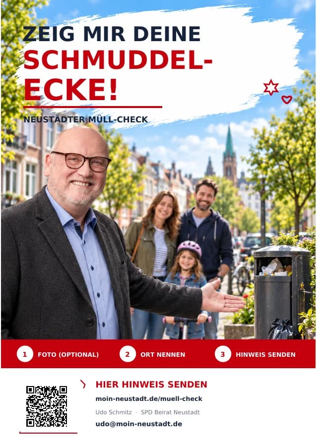 Flyer zum Neustädter Müll-Check: Zeig mir deine Schmuddelecke, mit Udo und den drei Schritten Foto, Ort, Hinweis